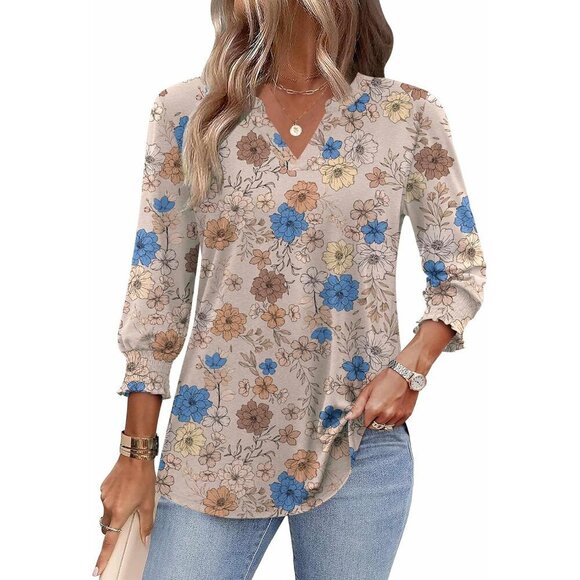 Women’s Floral V Neck Blouse 3/4 Sleeve Ruffle Cuffs Casual Top Small - Picture 4 of 7